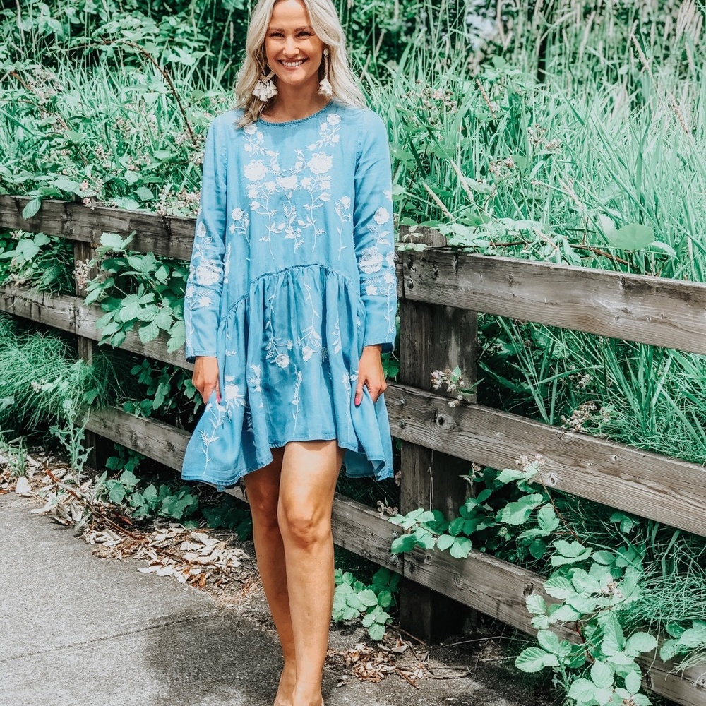 Embroidered chambray dress
